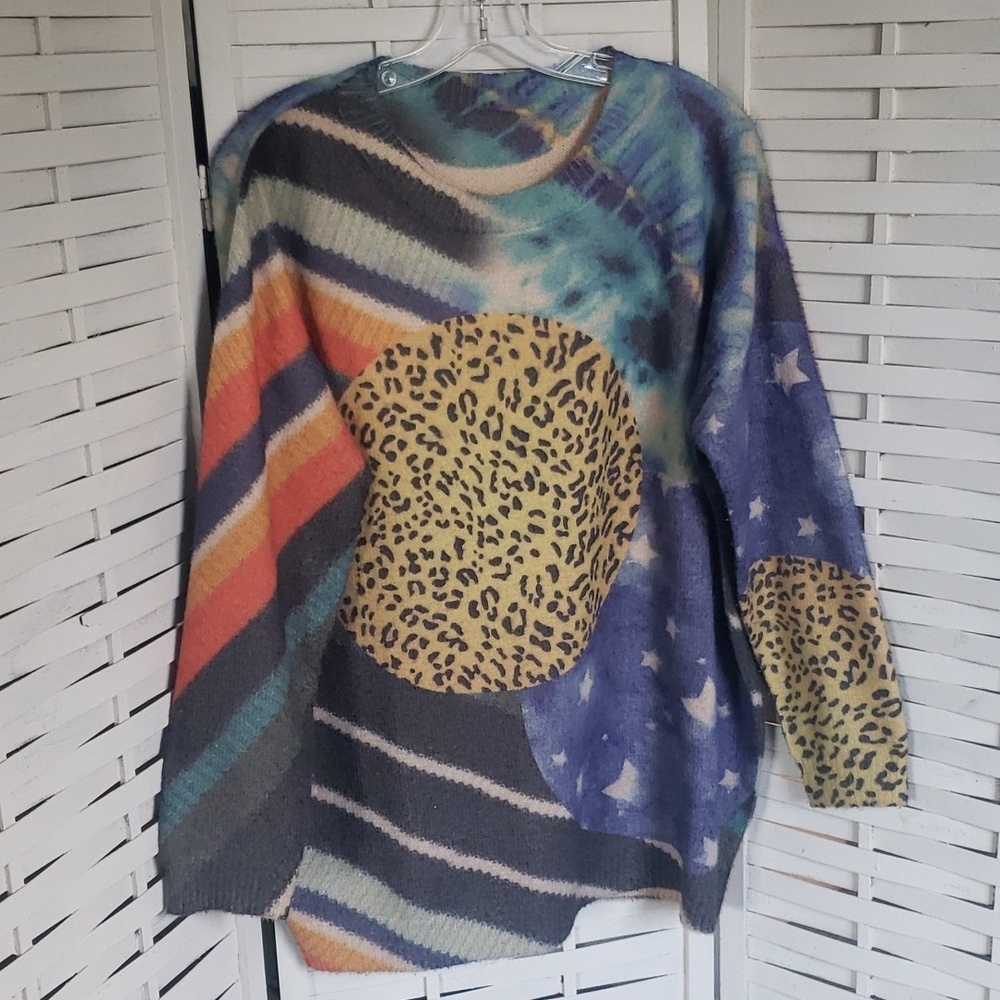 Wool blend multicolor abstract print crew neck women's sweater